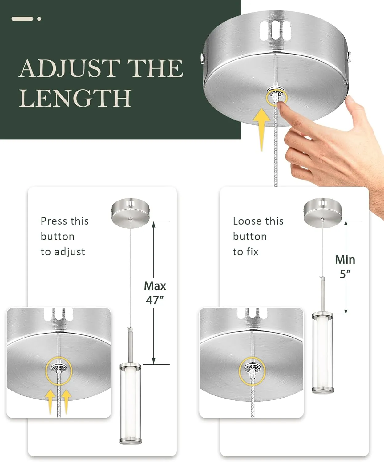 LED Pendant Light Fixtures with Brushed Nickel, Cylinder Modern Pendant Lights, 10W 3000K/6000K Adjustable Hanging Light for Dining Room Bedroom Hallway Entryway Foyer, PL5570-1P-BN