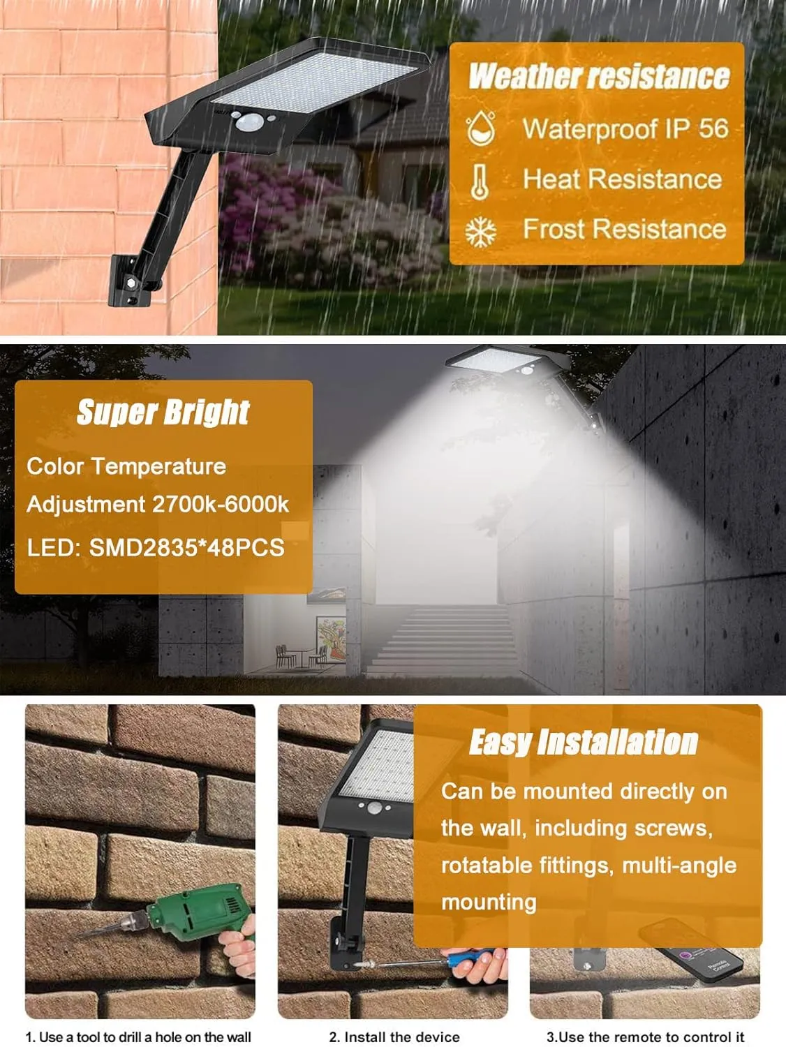 LED Solar Outdoor Lights with Motion Sensor, 3 Lighting Modes Flood Lights with Remote Control, Waterproof Night Security Light for Outside Garage Garden Street Shed Yard (2 Pack)