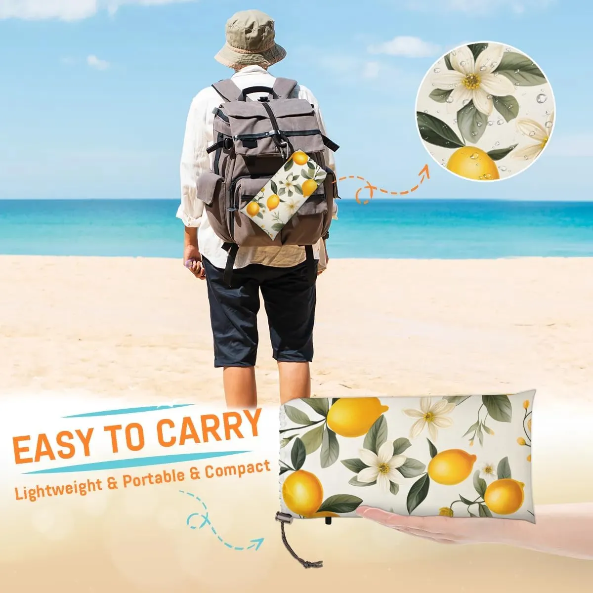 Lemon Farmhouse Beach Blanket, Sandproof Beach Mat, 68 x 59 Waterproof Quick Drying Sand Free Mat with 4 x Ground Spikes for Outdoor Travel Camping Hiking, Lemon Pattern