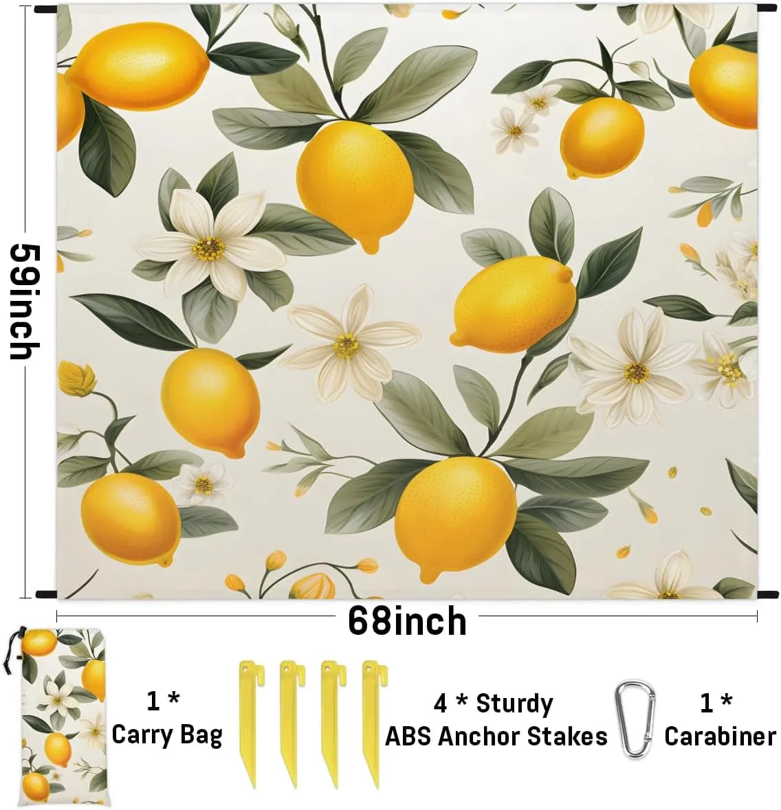 Lemon Farmhouse Beach Blanket, Sandproof Beach Mat, 68 x 59 Waterproof Quick Drying Sand Free Mat with 4 x Ground Spikes for Outdoor Travel Camping Hiking, Lemon Pattern
