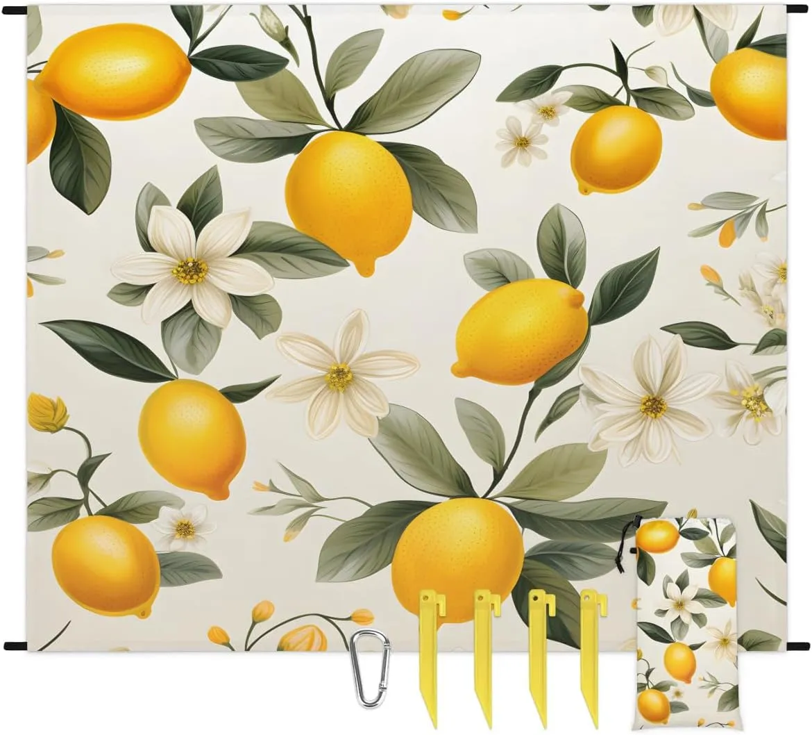Lemon Farmhouse Beach Blanket, Sandproof Beach Mat, 68 x 59 Waterproof Quick Drying Sand Free Mat with 4 x Ground Spikes for Outdoor Travel Camping Hiking, Lemon Pattern