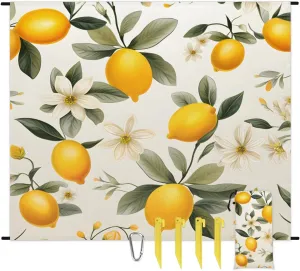 Lemon Farmhouse Beach Blanket, Sandproof Beach Mat, 68 x 59 Waterproof Quick Drying Sand Free Mat with 4 x Ground Spikes for Outdoor Travel Camping Hiking, Lemon Pattern