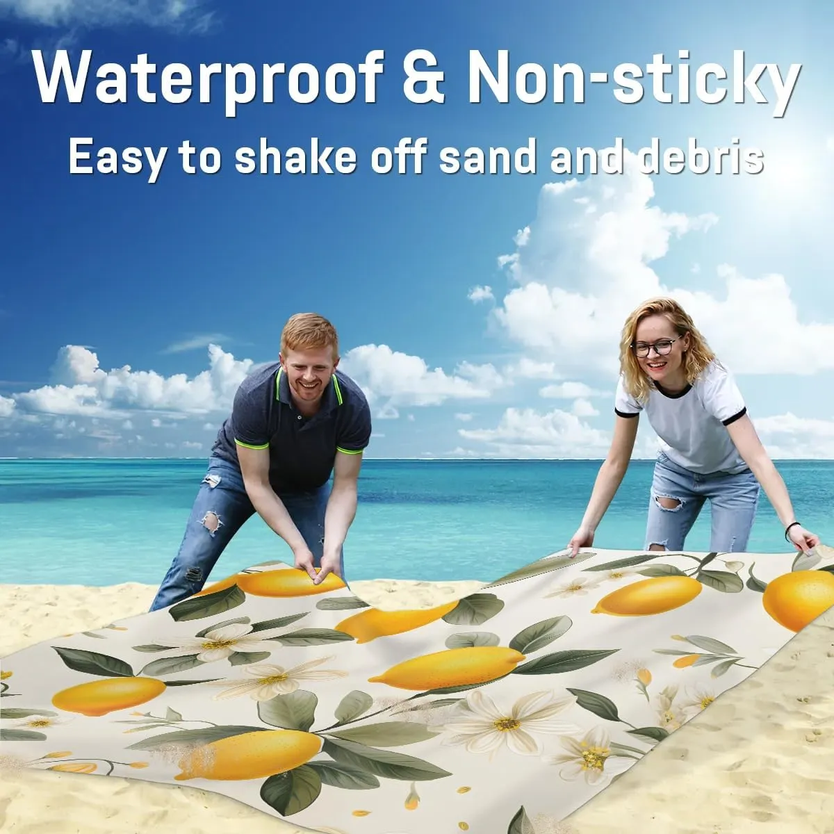 Lemon Farmhouse Beach Blanket, Sandproof Beach Mat, 68 x 59 Waterproof Quick Drying Sand Free Mat with 4 x Ground Spikes for Outdoor Travel Camping Hiking, Lemon Pattern