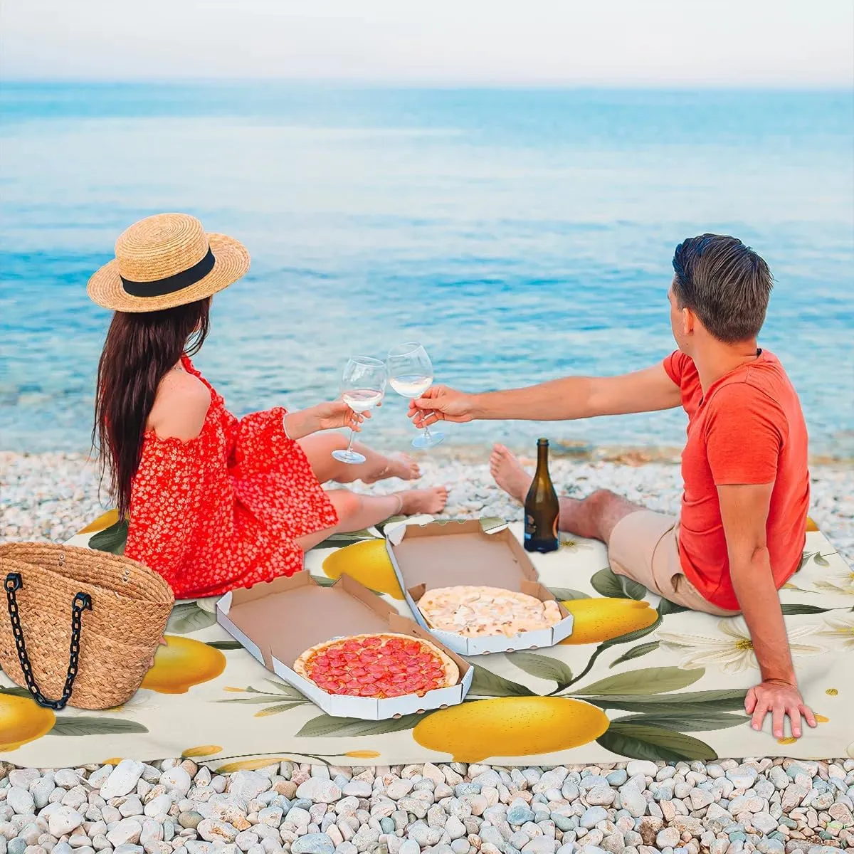 Lemon Farmhouse Beach Blanket, Sandproof Beach Mat, 68 x 59 Waterproof Quick Drying Sand Free Mat with 4 x Ground Spikes for Outdoor Travel Camping Hiking, Lemon Pattern