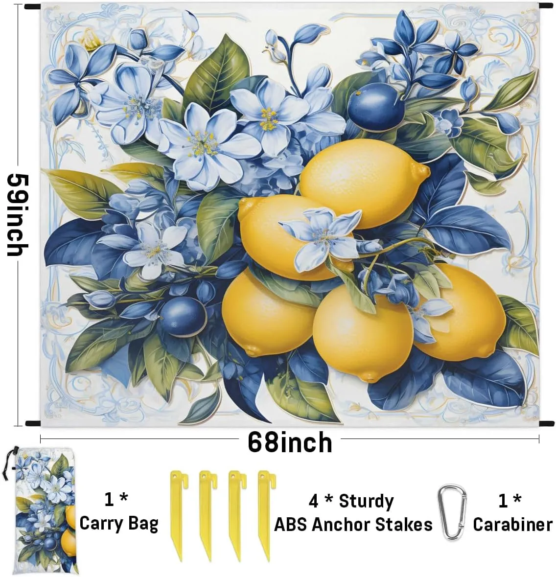 Lemon Fruit Beach Blanket, Sandproof Beach Mat, 68 x 59 Waterproof Quick Drying Sand Free Mat with 4 x Ground Spikes for Outdoor Travel Camping Hiking, Vintage Lemon