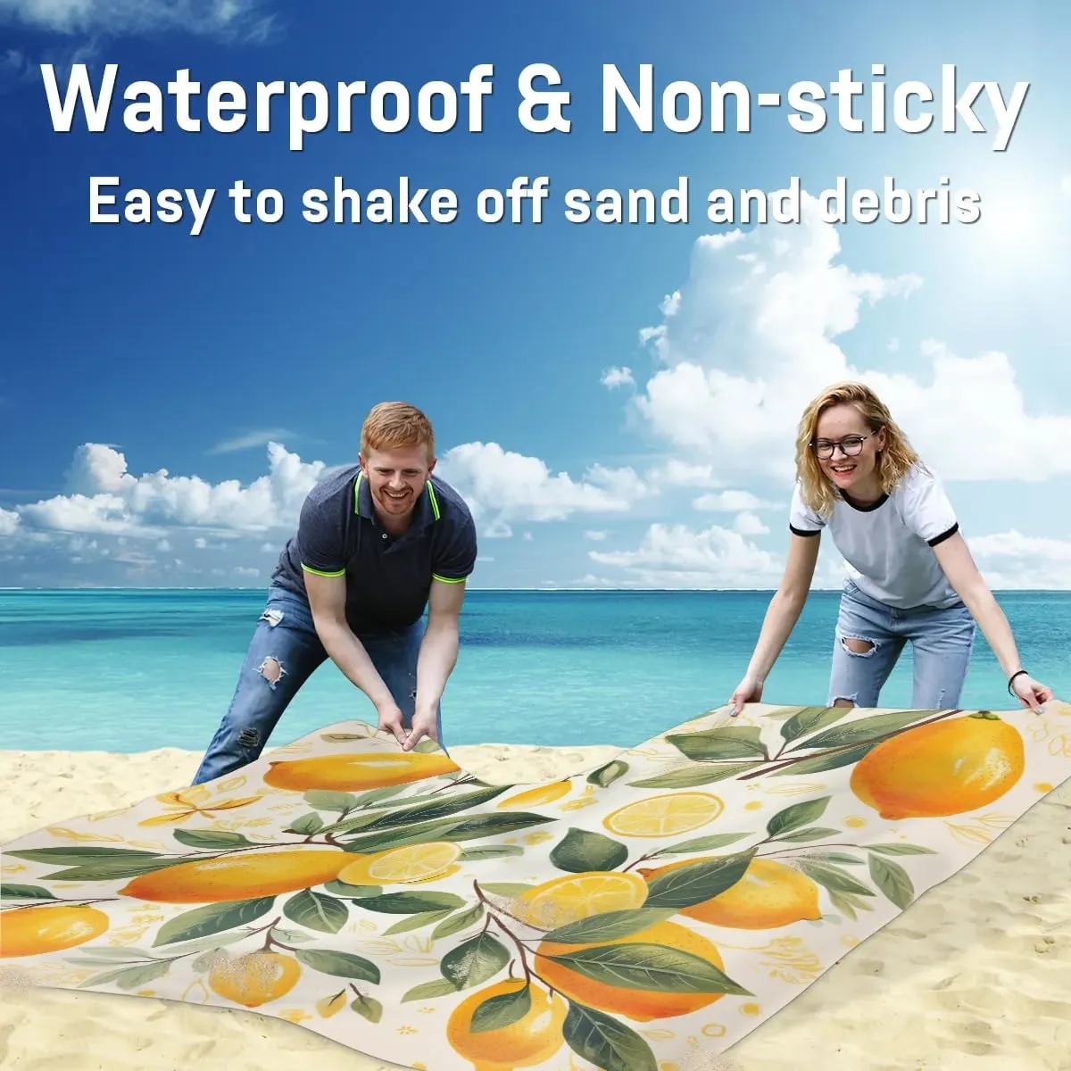 Lemon Fruit Beach Blanket, Sandproof Beach Mat, 68 x 59 Waterproof Quick Drying Sand Free Mat with 4 x Ground Spikes for Outdoor Travel Camping Hiking, Yellow Lemon