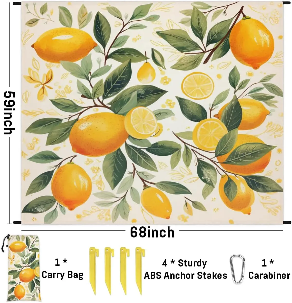 Lemon Fruit Beach Blanket, Sandproof Beach Mat, 68 x 59 Waterproof Quick Drying Sand Free Mat with 4 x Ground Spikes for Outdoor Travel Camping Hiking, Yellow Lemon