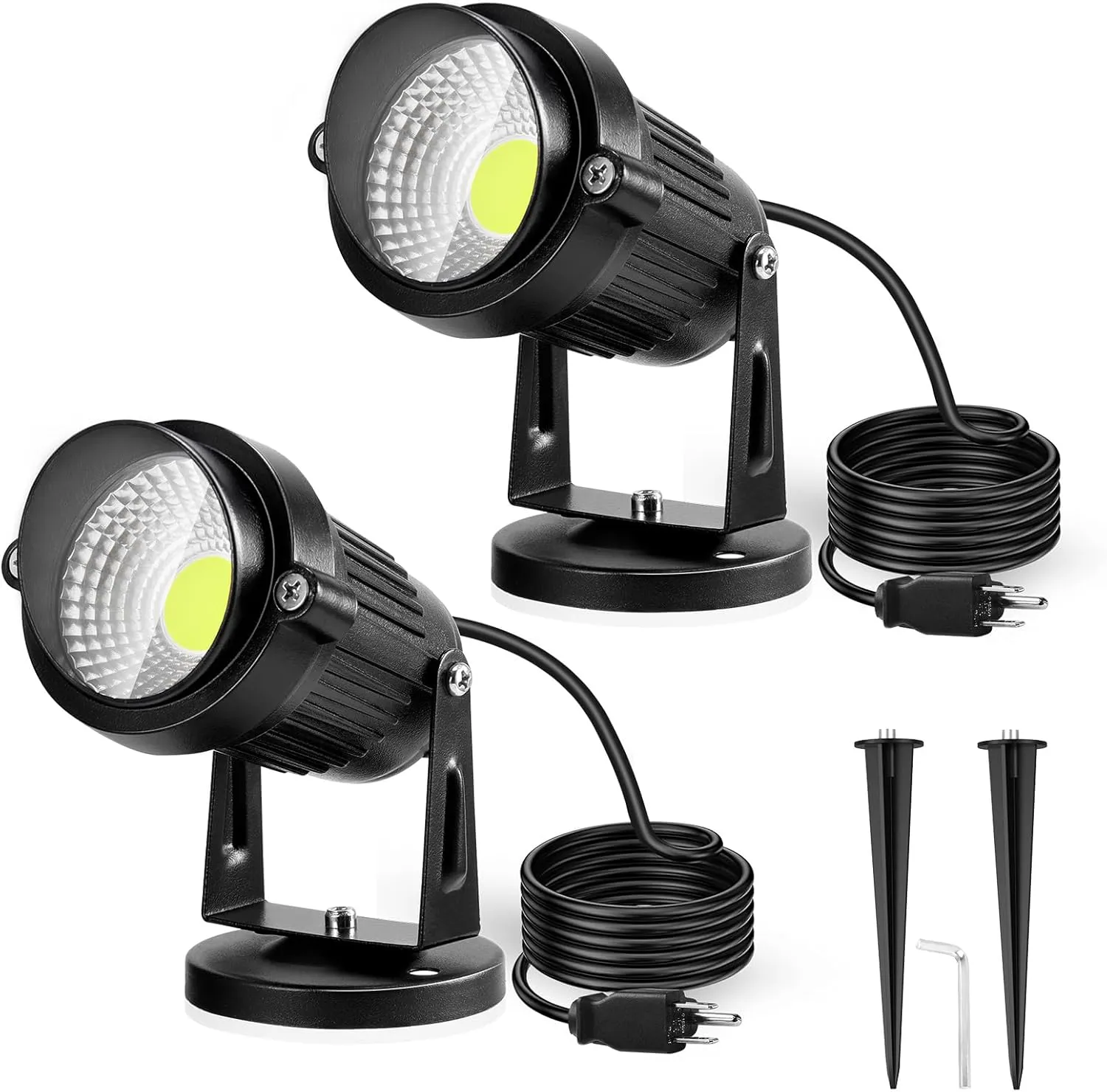 LemonBest Landscape Lights - 5W 110V Outdoor Spotlight - Waterproof IP65-3000K Cool White LED Landscape Lights - 5ft Cable for Yard Garden Patio Driveway House (Include Spike) (2 Pack)