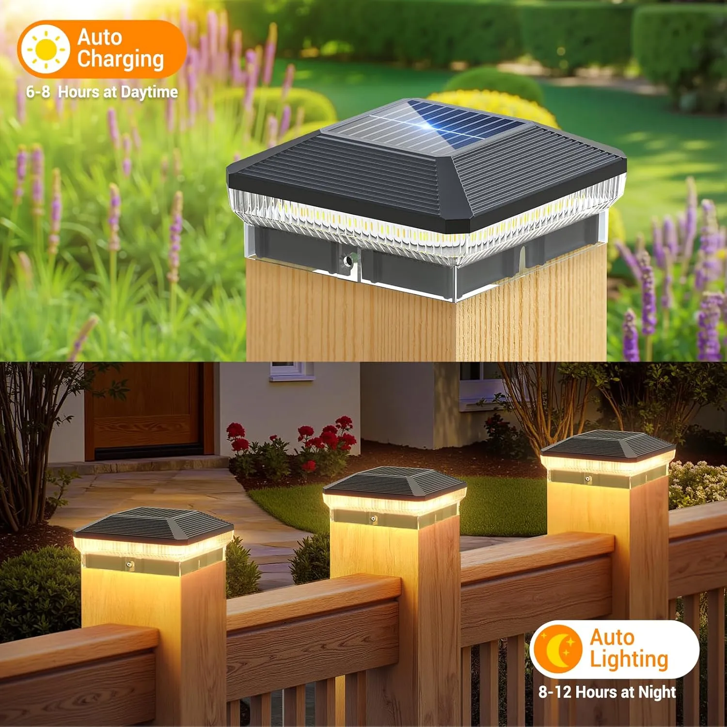 LETMY 6 Pack Solar Post Cap Lights Outdoor, 40 LEDs 4x4 Fence Post Solar Lights Outdoor Waterproof with 3 Modes, Solar Powered Deck Fence Cap Light for 3.5x3.5 4x4 Vinyl Wooden Posts (Black)
