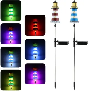 Lighthouse Solar Powered Garden Lamp 2Packs, IP65 Waterproof Outdoor Light with 7 Color Changing Modes for Gardens, Balconies, Terraces, Camping, and Decorative Use