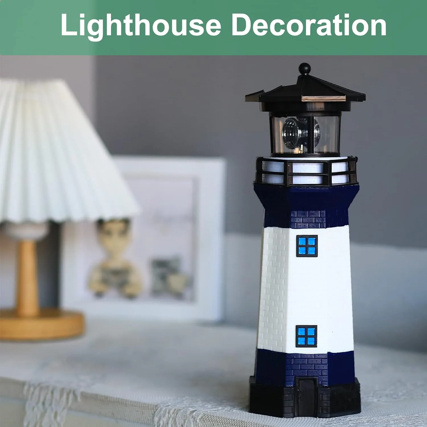 Lighthouse with Rotating Beacon LED Lights - Solar Lighthouse Lamp Outdoor Decorative for Garden Patio Well Cover Gifts(Blue2)