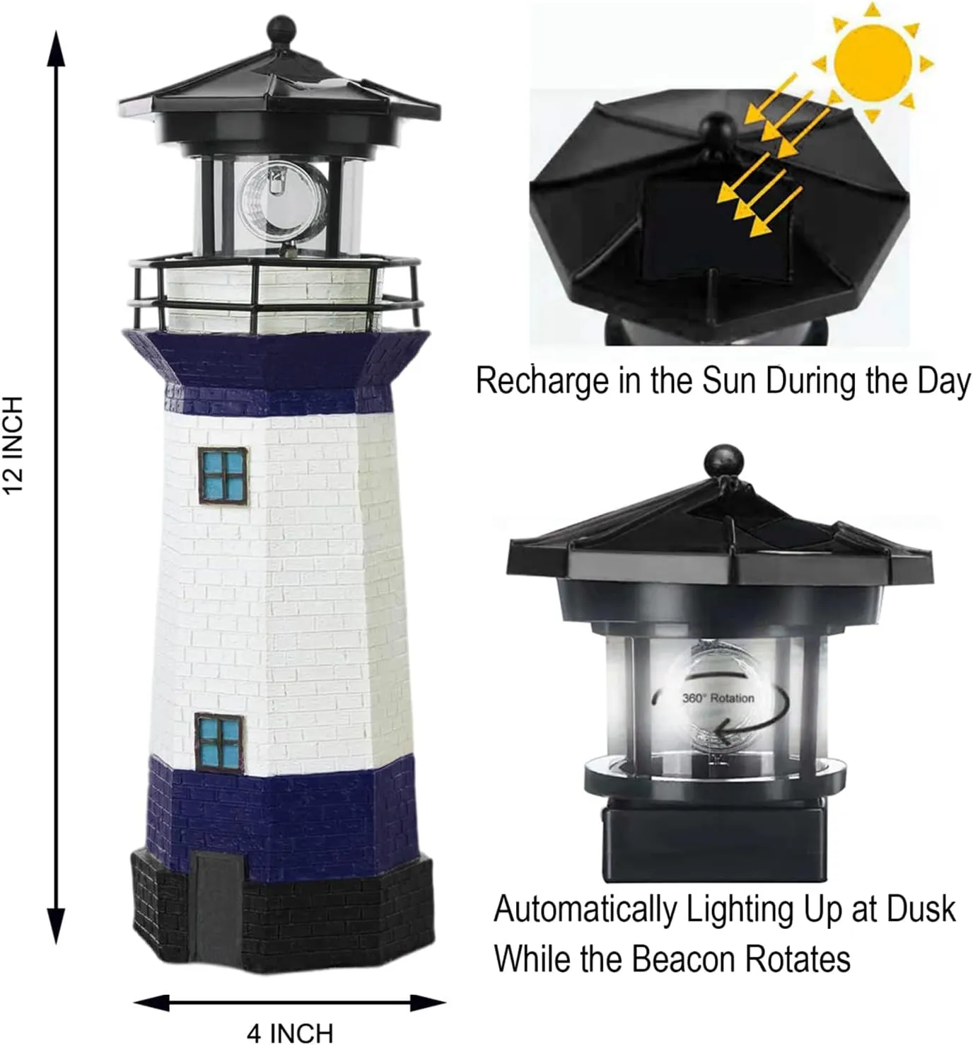 Lighthouse with Rotating Beacon LED Lights - Solar Lighthouse Lamp Outdoor Decorative for Garden Patio Well Cover Gifts(Blue2)