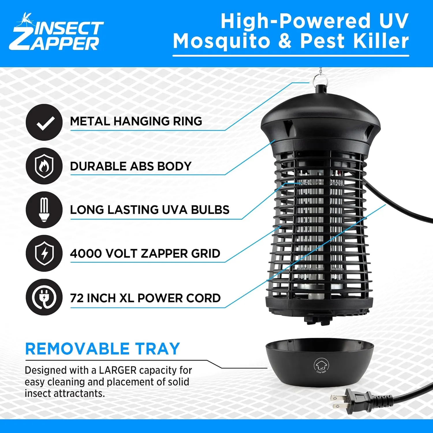 Livin’ Well Bug Zapper Indoor Outdoor - 4000V High Powered Electric Mosquito Zapper Home Patio, 1,500 Sq Ft Range Fly Trap, 18W UVA Bulb Mosquito Killer Lamp Insect Bug Light, Black