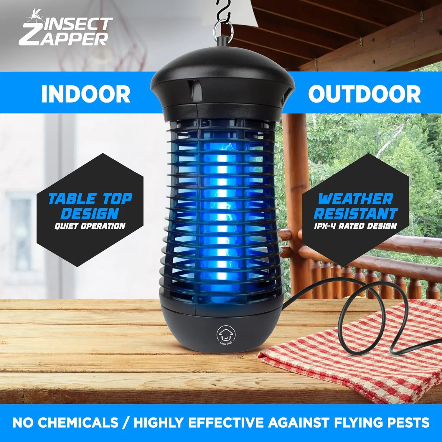 Livin’ Well Bug Zapper Indoor Outdoor - 4000V High Powered Electric Mosquito Zapper Home Patio, 1,500 Sq Ft Range Fly Trap, 18W UVA Bulb Mosquito Killer Lamp Insect Bug Light, Black