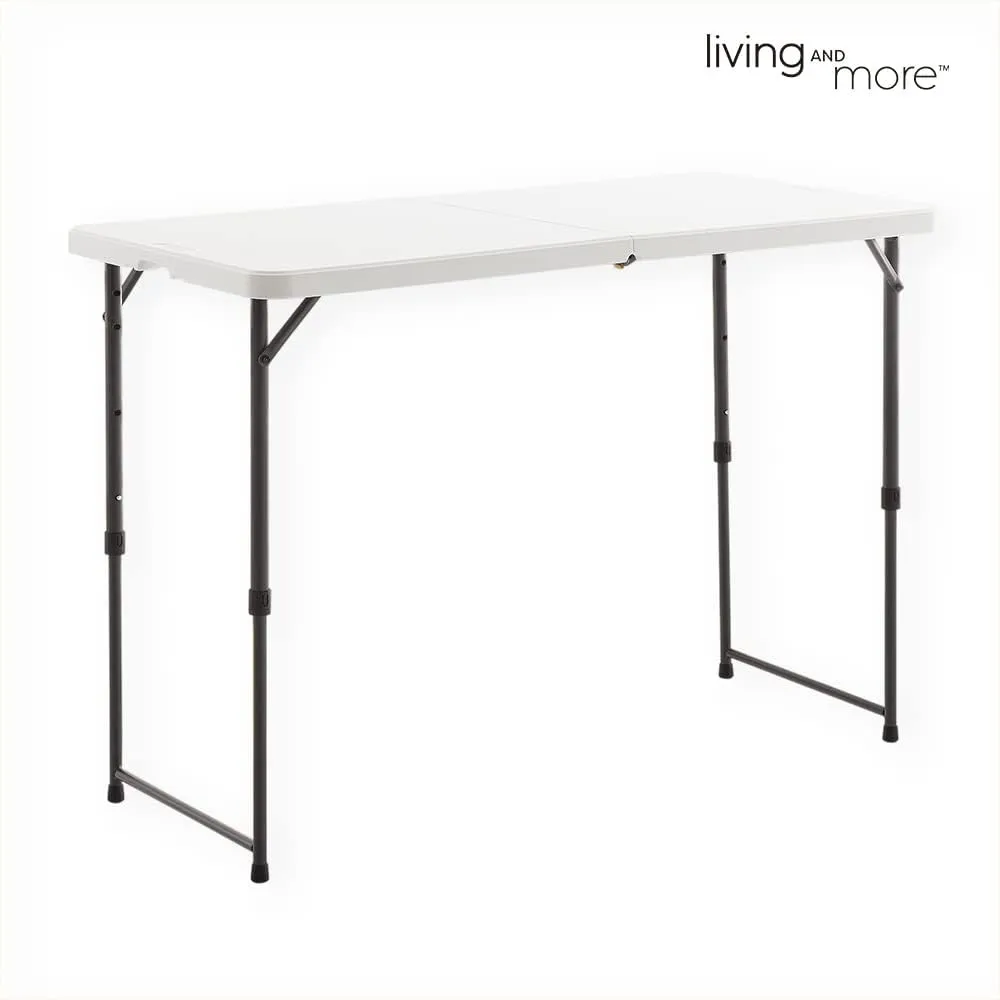 Living and More 4 Foot Height Adjustable Fold-in-Half Table with Carrying Handle, Easy Folding and Storage, Indoor Outdoor Use, White, 4ft_Straight Legs