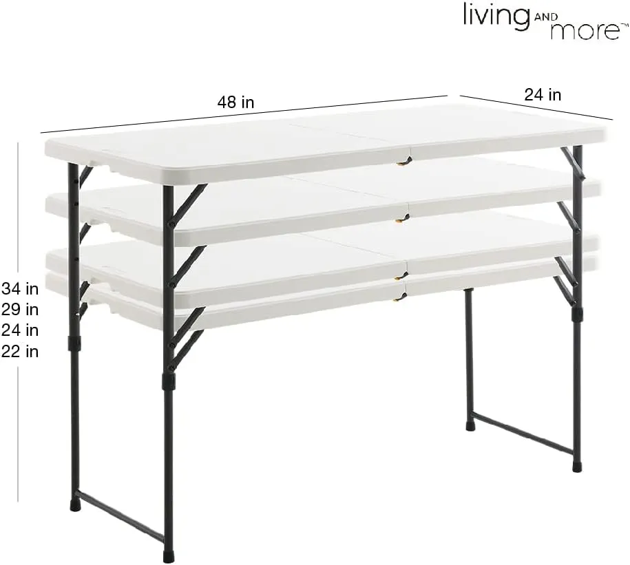 Living and More 4 Foot Height Adjustable Fold-in-Half Table with Carrying Handle, Easy Folding and Storage, Indoor Outdoor Use, White, 4ft_Straight Legs