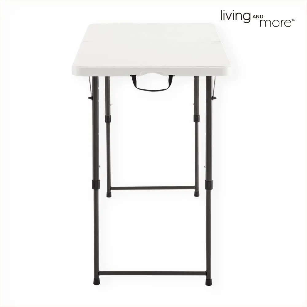 Living and More 4 Foot Height Adjustable Fold-in-Half Table with Carrying Handle, Easy Folding and Storage, Indoor Outdoor Use, White, 4ft_Straight Legs
