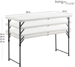 Living and More 4 Foot Height Adjustable Fold-in-Half Table with Carrying Handle, Easy Folding and Storage, Indoor Outdoor Use, White, 4ft_Straight Legs