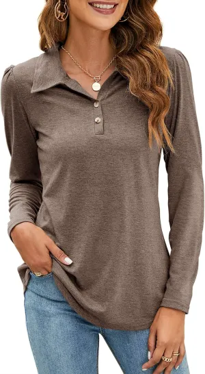 LOMON Womens Polo Shirts Button Down Collared Long Sleeve Tops V Neck Loose Blouses