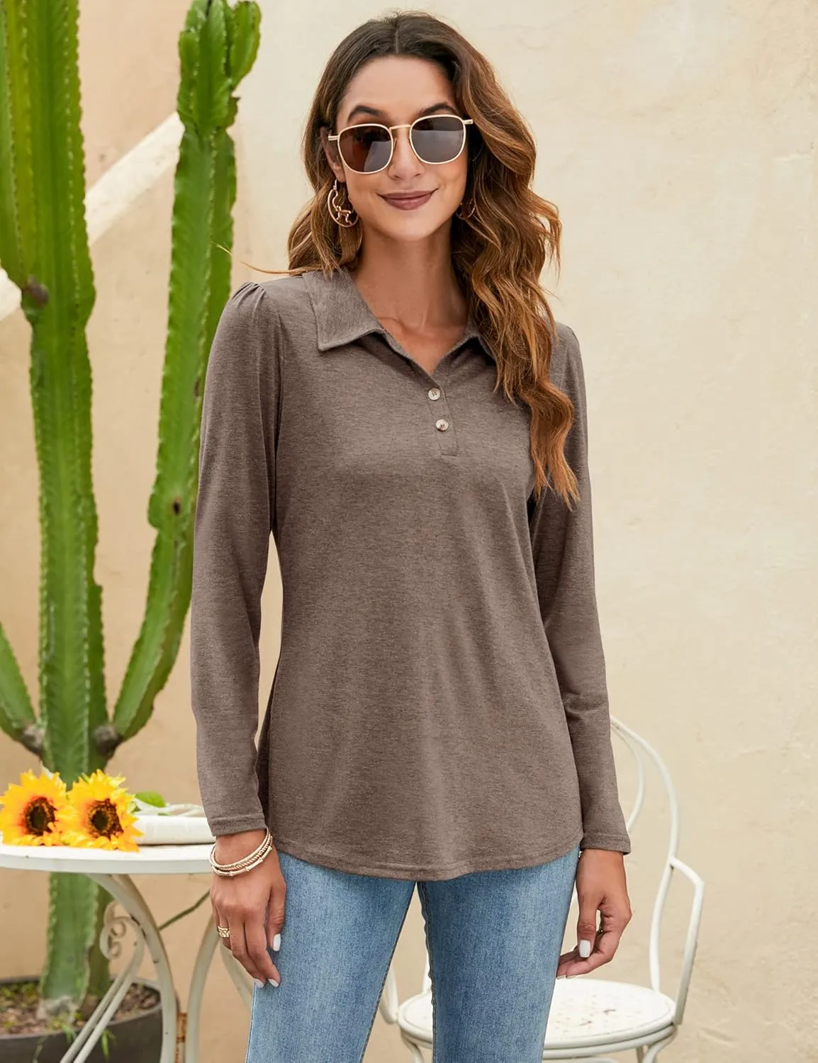 LOMON Womens Polo Shirts Button Down Collared Long Sleeve Tops V Neck Loose Blouses