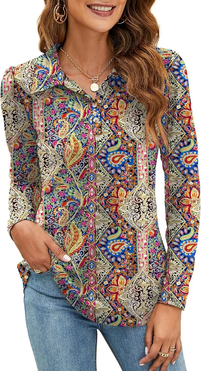 LOMON Womens Polo Shirts Button Down Collared Long Sleeve Tops V Neck Loose Blouses