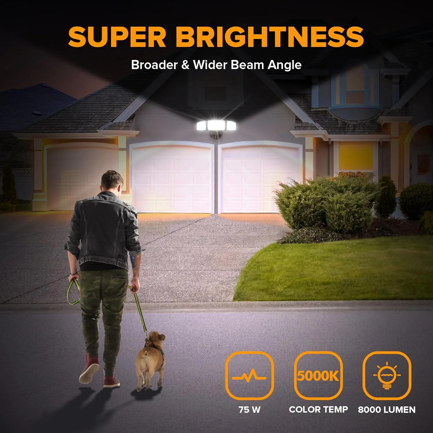 LUTEC 75W 8000 Lumen Floods Light Outdoor, Switch Controlled LED Security Lights with 3 Adjustable Heads, 5000K Daylight, IP65 Waterproof Exterior Flood Light for Outside Garage, Yard, Patio-Brown