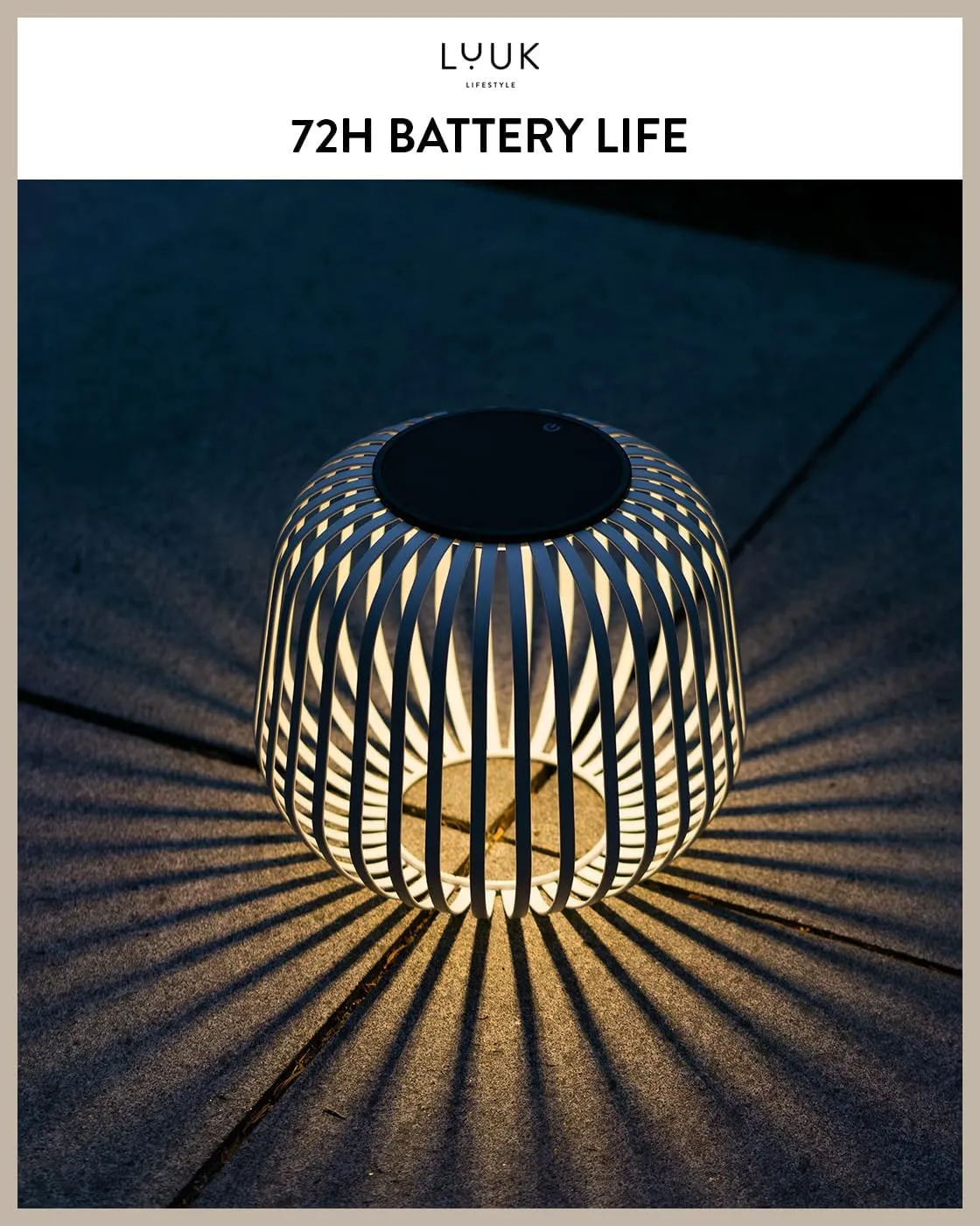 LUUK LIFESTYLE Solar-Powered Outdoor LED lamp for Balcony, Lighting for Indoors and Outdoors, dimmable Touch Switch, Fast Charging via Solar Panel for 72 hrs runtime, White