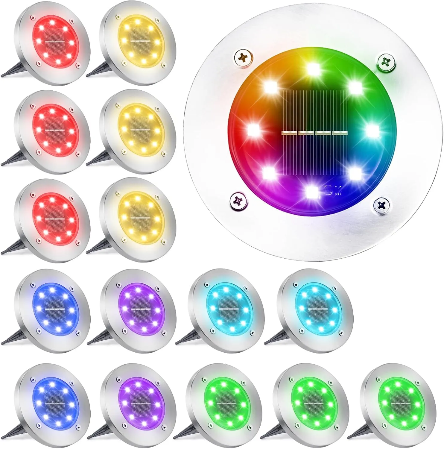 LYHOPE Solar Ground Light Outdoor, 16 Pack 8 LED Color Changing Solar Disk Lights Waterproof Garden In-ground Pathway Lights Landscape Lighting for Lawn,Yard,Deck,Patio,Walkway (RGB)
