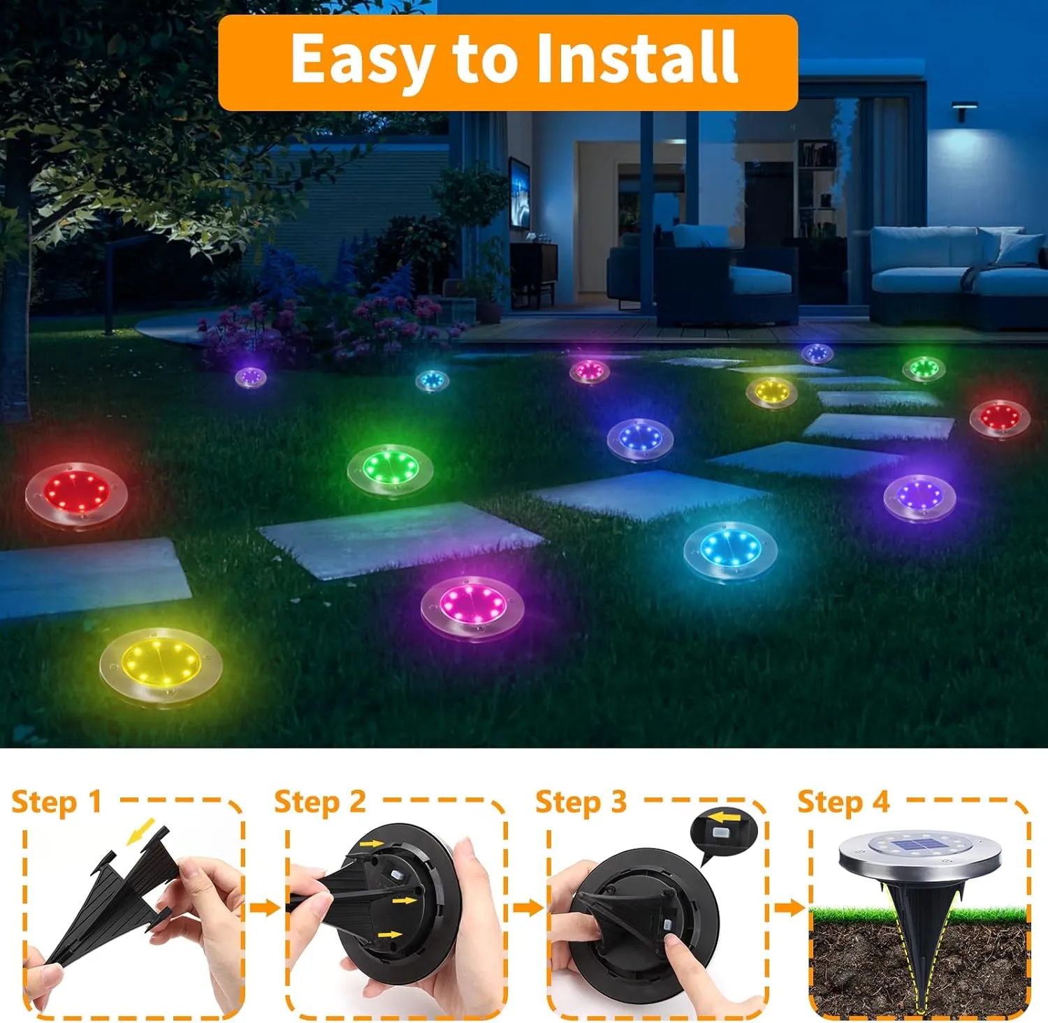LYHOPE Solar Ground Light Outdoor, 16 Pack 8 LED Color Changing Solar Disk Lights Waterproof Garden In-ground Pathway Lights Landscape Lighting for Lawn,Yard,Deck,Patio,Walkway (RGB)