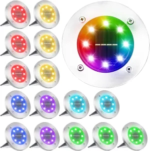 LYHOPE Solar Ground Light Outdoor, 16 Pack 8 LED Color Changing Solar Disk Lights Waterproof Garden In-ground Pathway Lights Landscape Lighting for Lawn,Yard,Deck,Patio,Walkway (RGB)