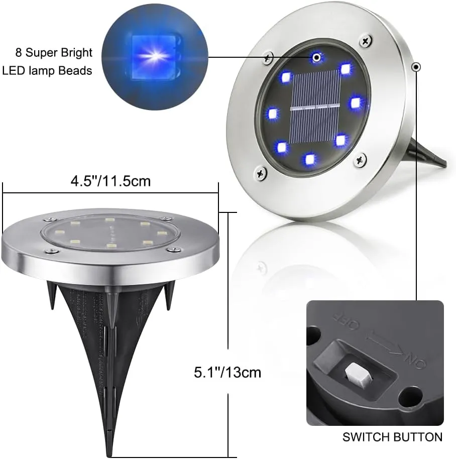 LYHOPE Solar Ground Lights Outdoor, 16 Pack 8 LED Solar Disk Lights Waterproof Garden In-ground Pathway Lights Landscape Lighting for Lawn,Yard,Deck,Patio,Walkway (Blue)
