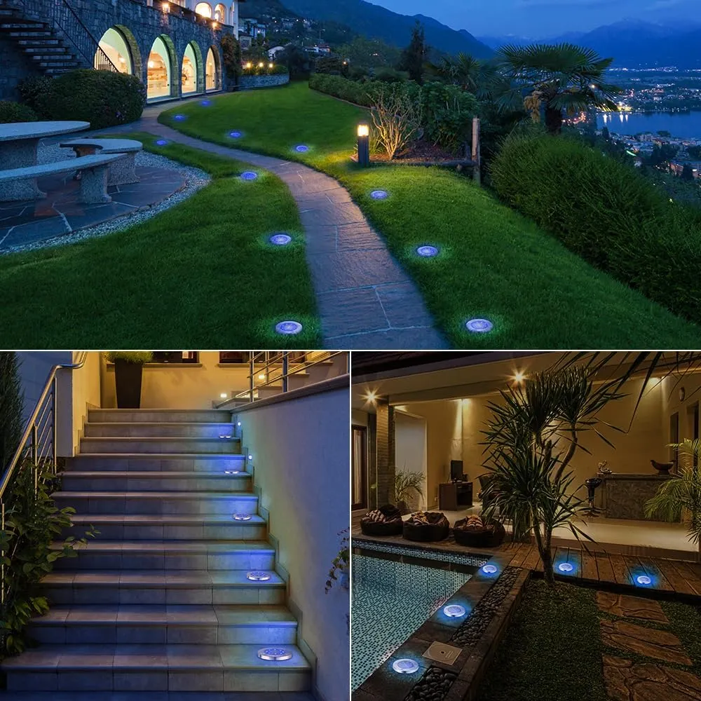 LYHOPE Solar Ground Lights Outdoor, 16 Pack 8 LED Solar Disk Lights Waterproof Garden In-ground Pathway Lights Landscape Lighting for Lawn,Yard,Deck,Patio,Walkway (Blue)