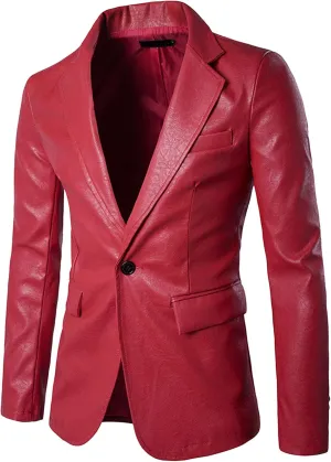 Maiyifu-GJ Leather Blazer for Men Classic Faux Leather Business Sport Coat Notched Collar One Button Slim Moto Suits Jacket