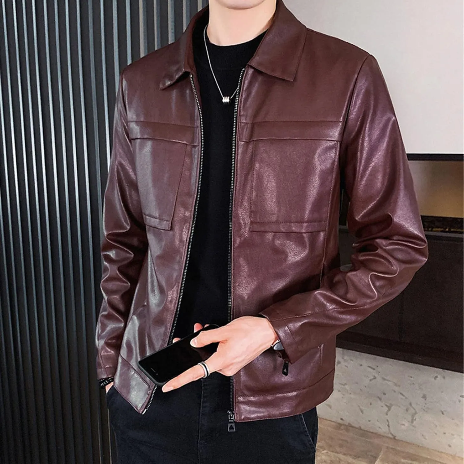 Maiyifu-GJ Men Lapel Faux Leather Motorcycle Jacket Vintage Zip Up Slim Fit Biker Coat Lightweight Classic PU Leather Jacket
