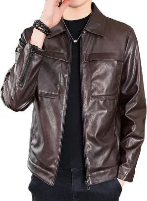 Maiyifu-GJ Men Lapel Faux Leather Motorcycle Jacket Vintage Zip Up Slim Fit Biker Coat Lightweight Classic PU Leather Jacket