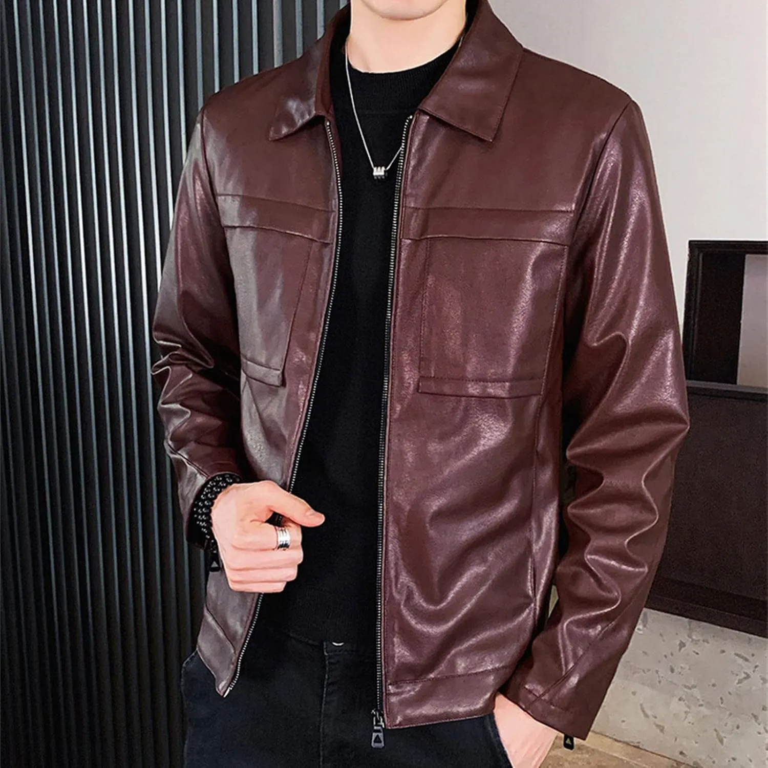 Maiyifu-GJ Men Lapel Faux Leather Motorcycle Jacket Vintage Zip Up Slim Fit Biker Coat Lightweight Classic PU Leather Jacket