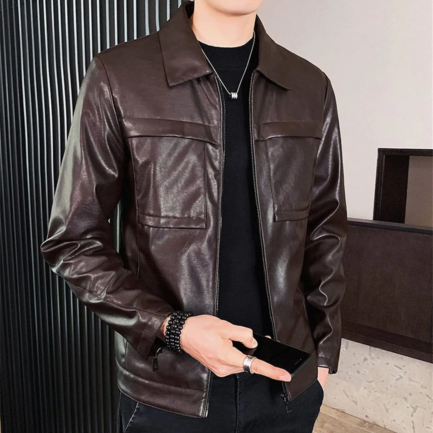 Maiyifu-GJ Men Lapel Faux Leather Motorcycle Jacket Vintage Zip Up Slim Fit Biker Coat Lightweight Classic PU Leather Jacket