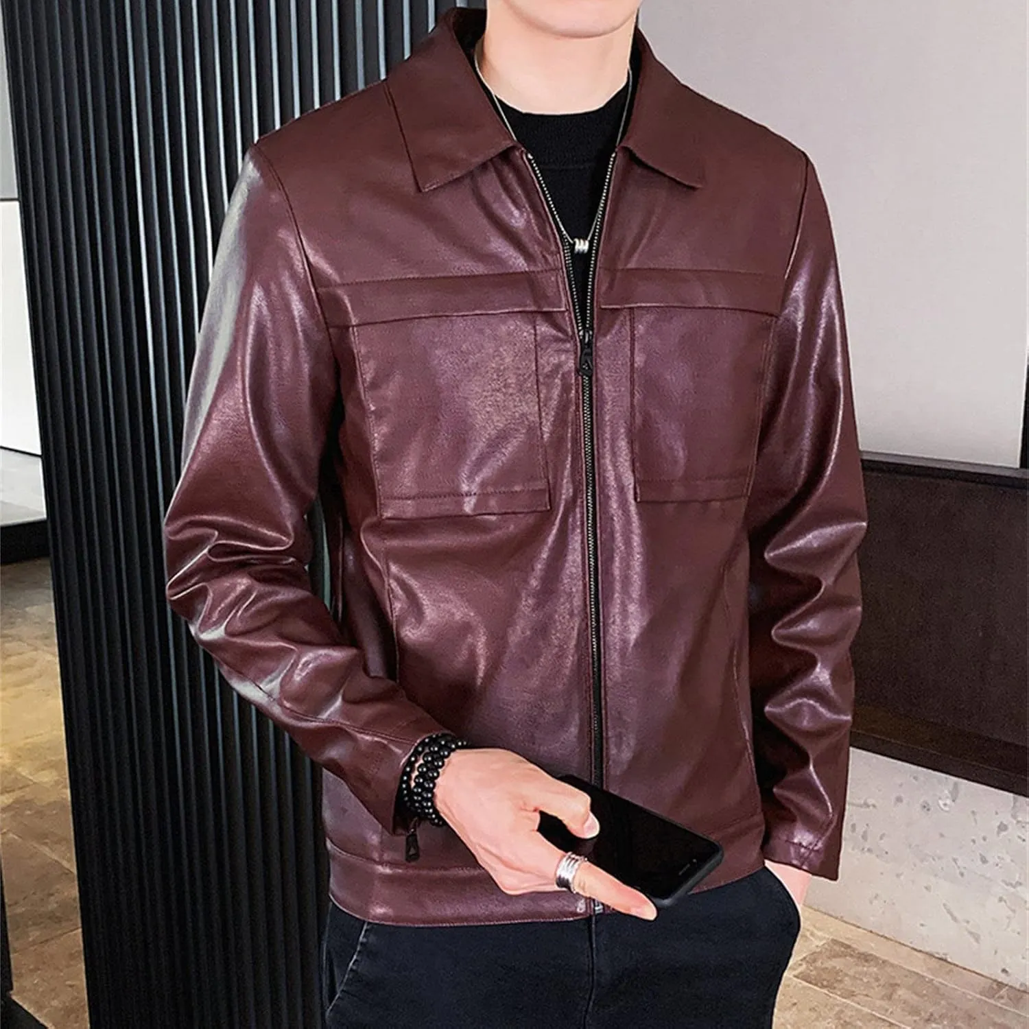 Maiyifu-GJ Men Lapel Faux Leather Motorcycle Jacket Vintage Zip Up Slim Fit Biker Coat Lightweight Classic PU Leather Jacket