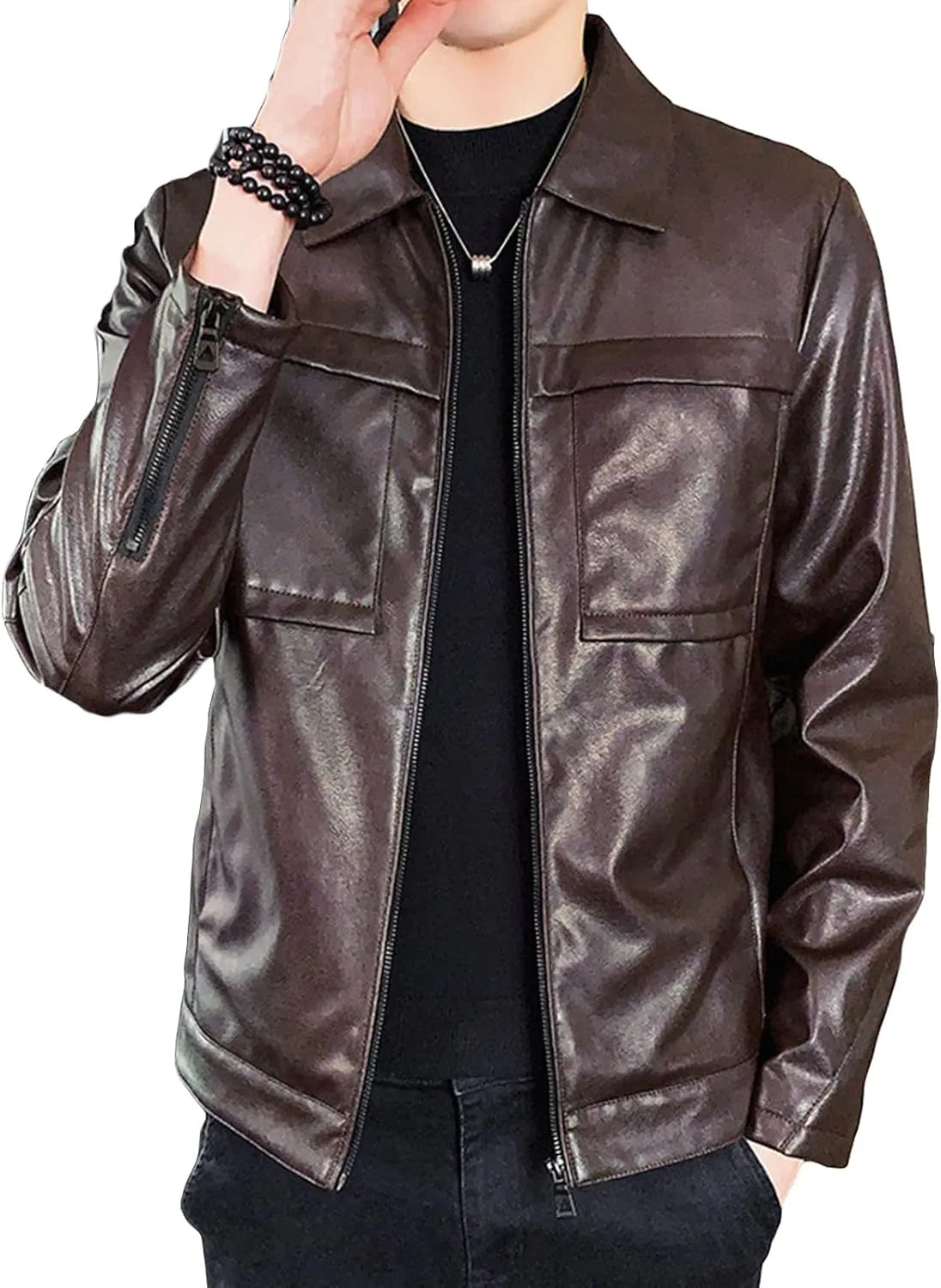 Maiyifu-GJ Men Lapel Faux Leather Motorcycle Jacket Vintage Zip Up Slim Fit Biker Coat Lightweight Classic PU Leather Jacket