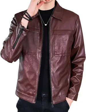 Maiyifu-GJ Men Lapel Faux Leather Motorcycle Jacket Vintage Zip Up Slim Fit Biker Coat Lightweight Classic PU Leather Jacket