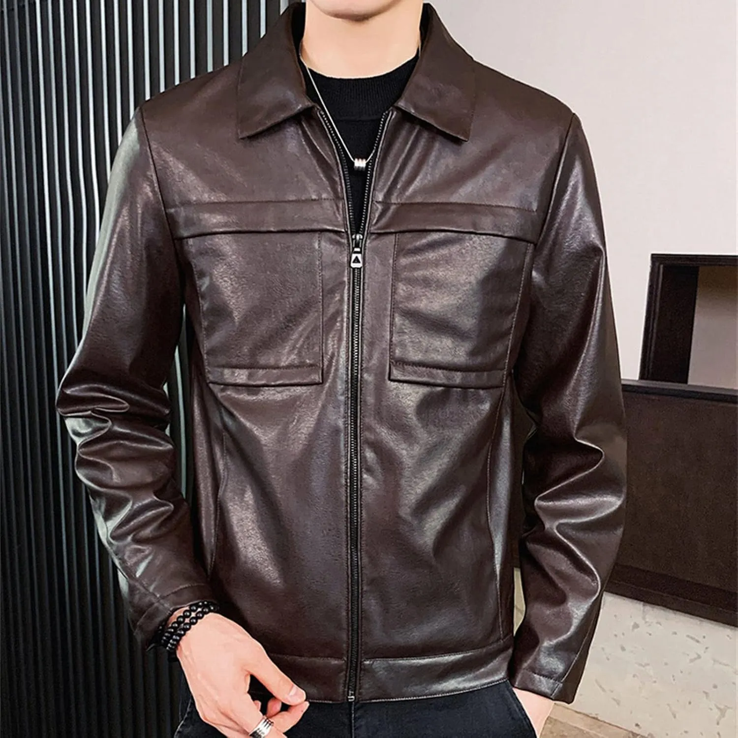 Maiyifu-GJ Men Lapel Faux Leather Motorcycle Jacket Vintage Zip Up Slim Fit Biker Coat Lightweight Classic PU Leather Jacket