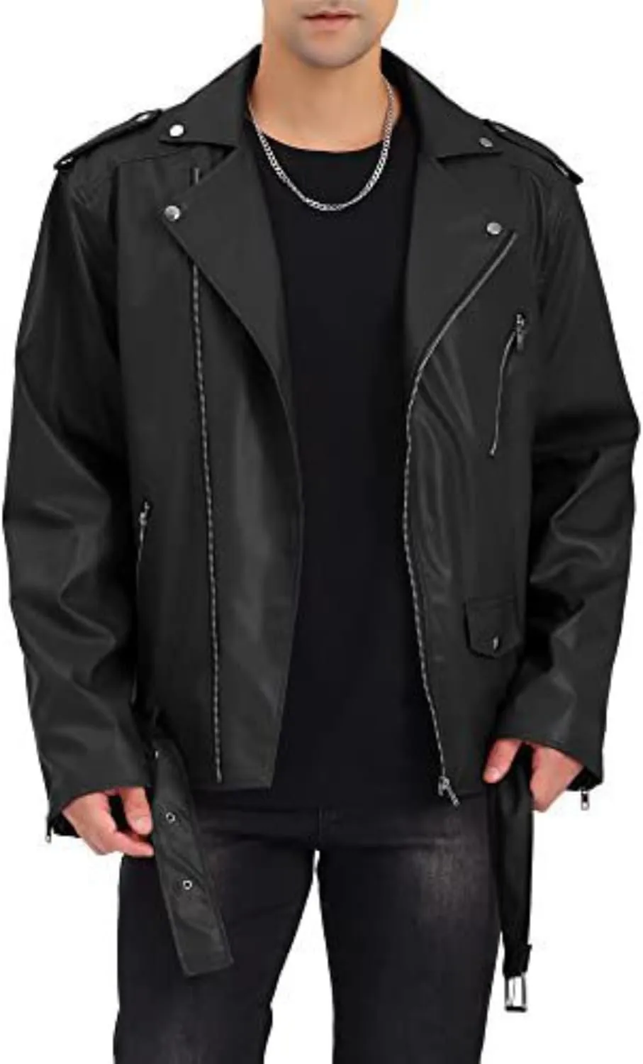 Maiyifu-GJ Mens Faux Leather Biker Jacket Vintage Asymmetric Zip Motorcycle Jackets PU Lightweight Punk Belted Slim Coat