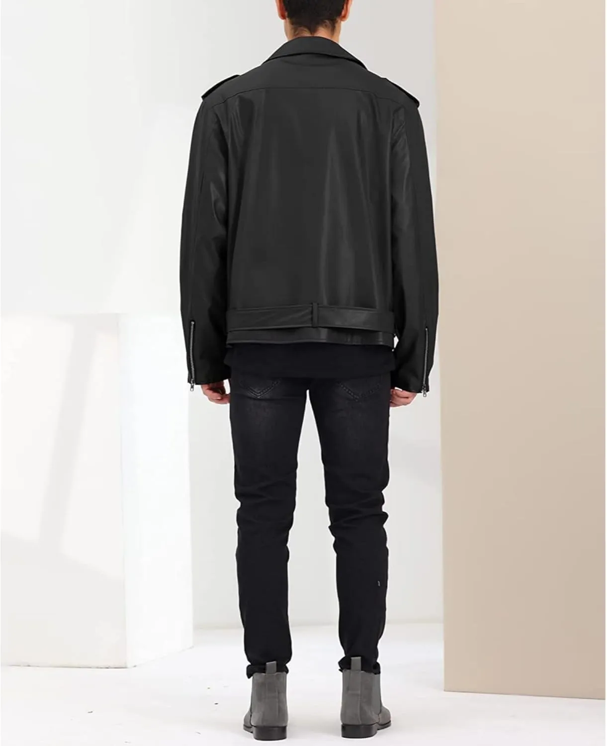 Maiyifu-GJ Mens Faux Leather Biker Jacket Vintage Asymmetric Zip Motorcycle Jackets PU Lightweight Punk Belted Slim Coat