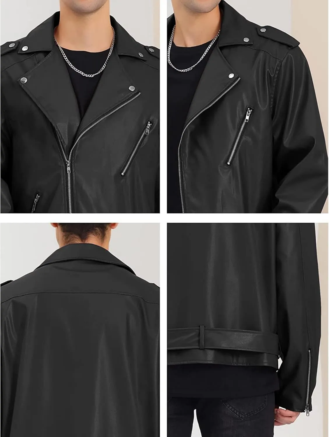 Maiyifu-GJ Mens Faux Leather Biker Jacket Vintage Asymmetric Zip Motorcycle Jackets PU Lightweight Punk Belted Slim Coat