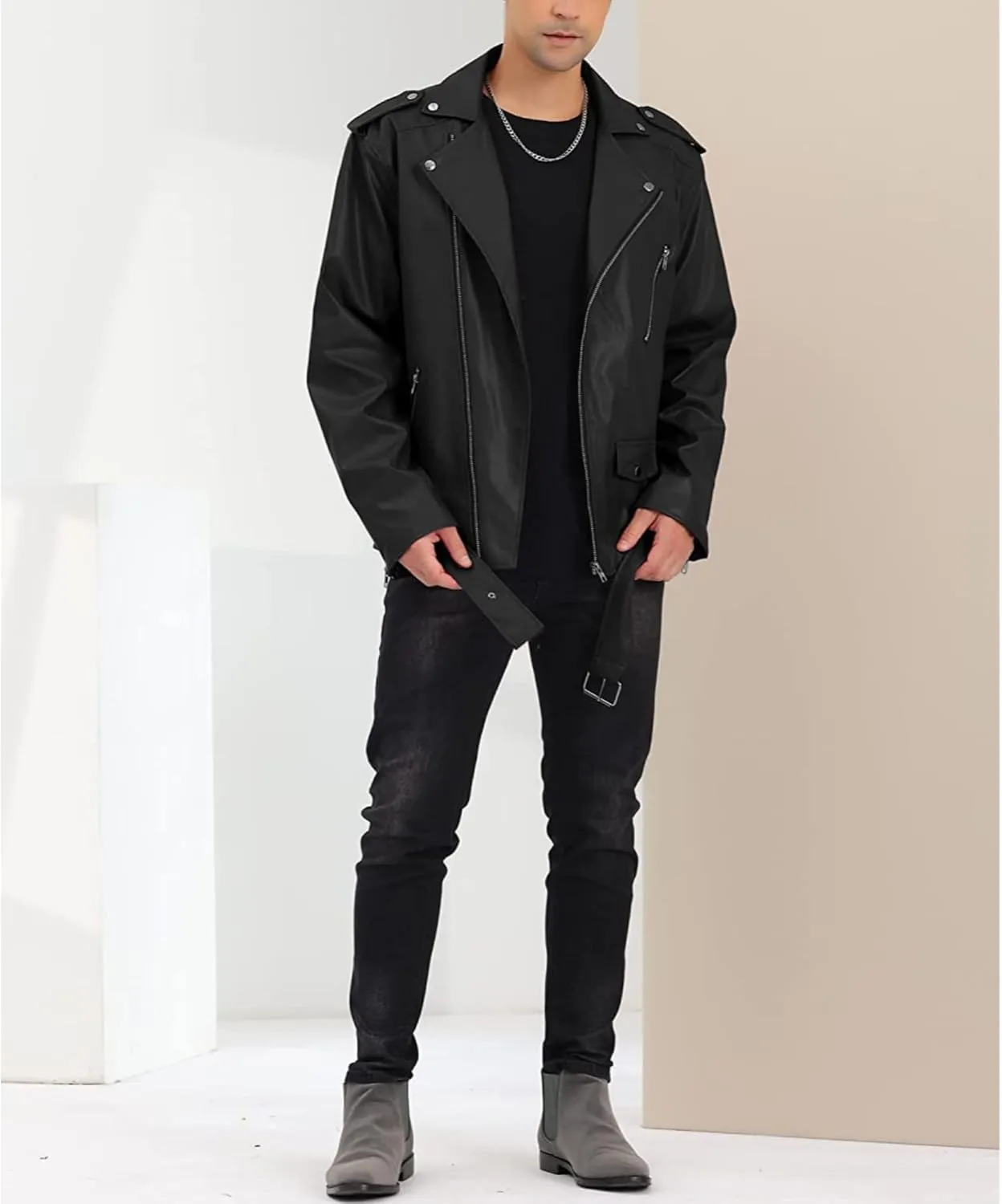 Maiyifu-GJ Mens Faux Leather Biker Jacket Vintage Asymmetric Zip Motorcycle Jackets PU Lightweight Punk Belted Slim Coat