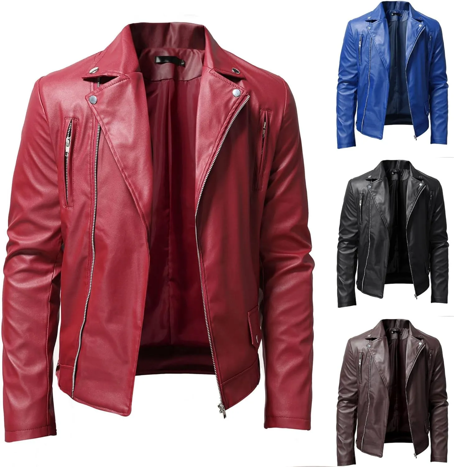 Maiyifu-GJ Mens Faux Leather Biker Jacket Vintage Asymmetric Zip Motorcycle Jackets PU Lightweight Punk Belted Slim Coat