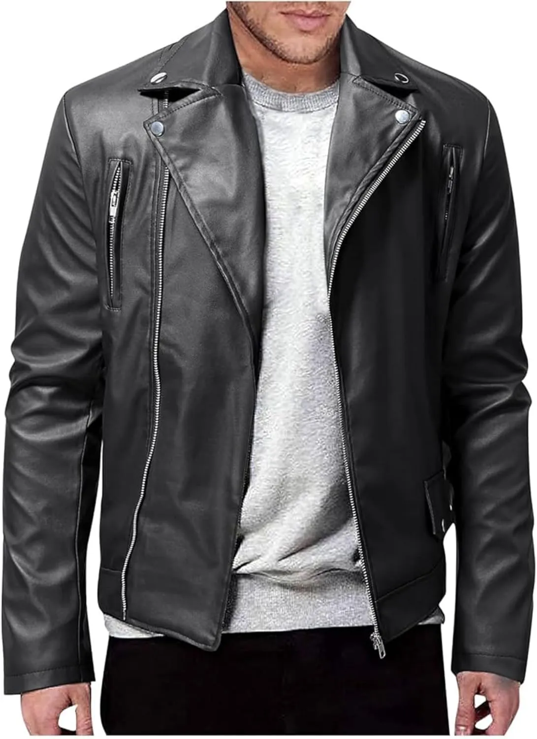 Maiyifu-GJ Mens Faux Leather Biker Jacket Vintage Asymmetric Zip Motorcycle Jackets PU Lightweight Punk Belted Slim Coat