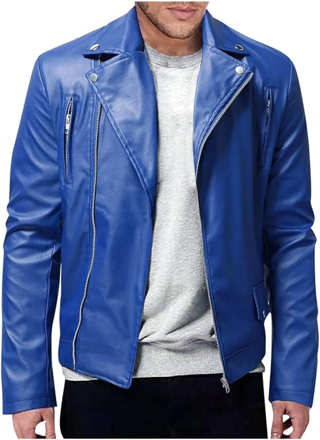 Maiyifu-GJ Mens Faux Leather Biker Jacket Vintage Asymmetric Zip Motorcycle Jackets PU Lightweight Punk Belted Slim Coat