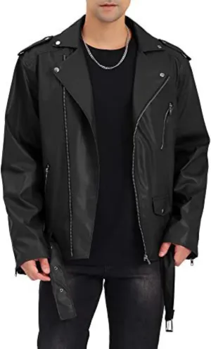 Maiyifu-GJ Mens Faux Leather Biker Jacket Vintage Asymmetric Zip Motorcycle Jackets PU Lightweight Punk Belted Slim Coat