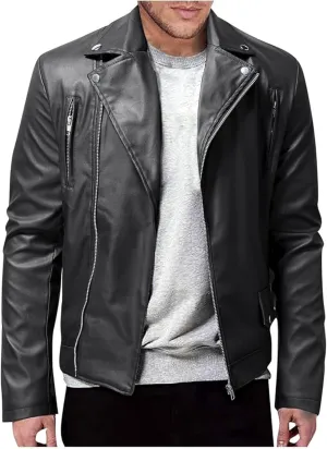 Maiyifu-GJ Mens Faux Leather Biker Jacket Vintage Asymmetric Zip Motorcycle Jackets PU Lightweight Punk Belted Slim Coat